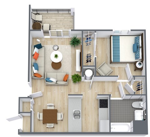 A top-down view of a living room with a couch, chairs, and a coffee table.